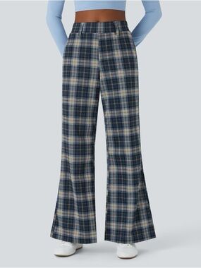 NWT Halara High Waisted Plaid Wide Leg Casual Pants Navy Blue Plaid Size Large
